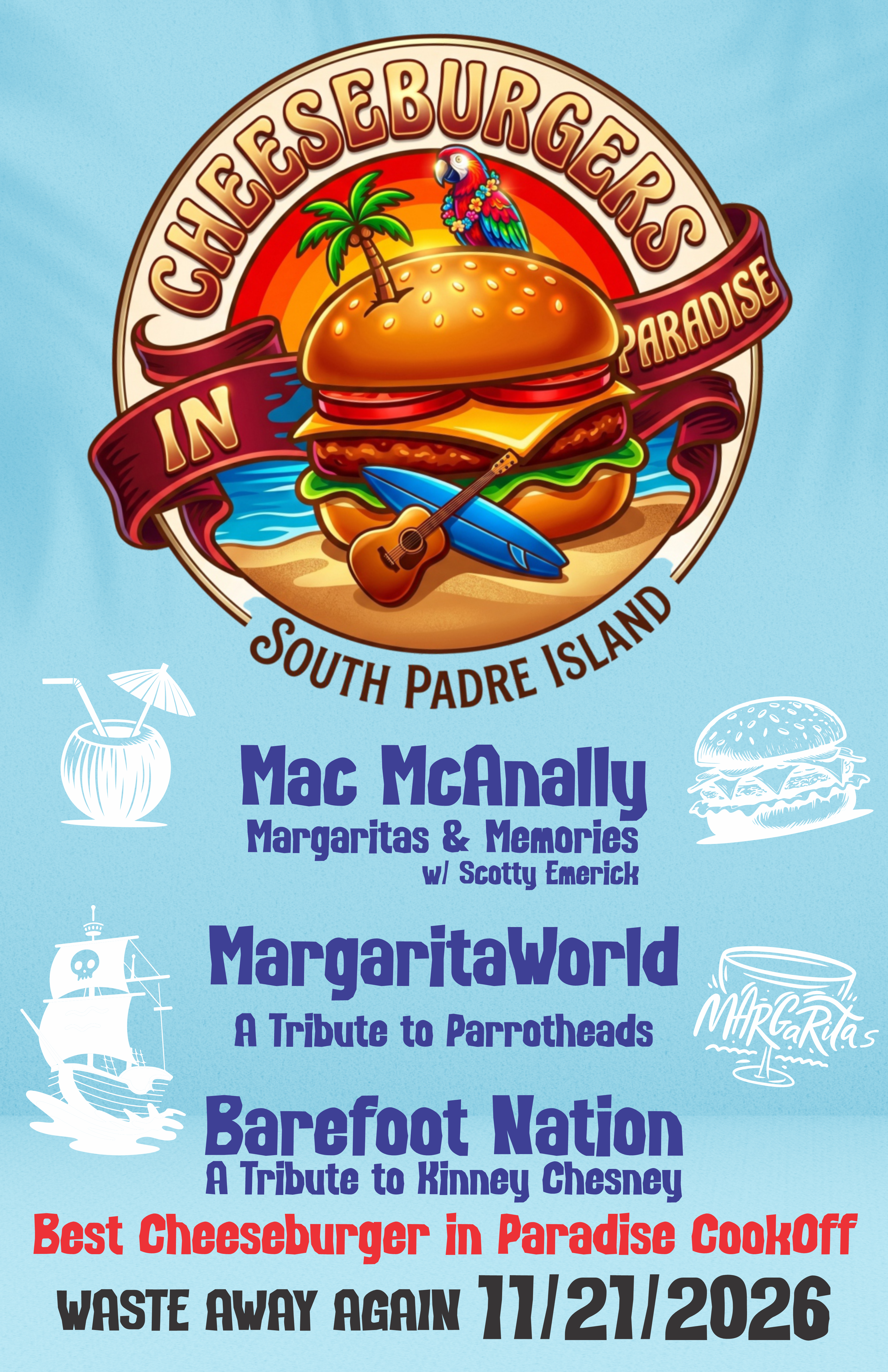 Cheeseburgers in Paradise food and music festival poster for November 21, 2026 at Cameron County Amphitheater on South Padre Island, Texas.